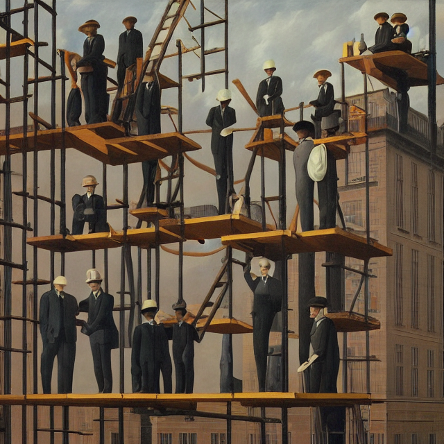 1966890944_oil_painting_in_magritte_style_of_a_group_of_artists_and_engineers_on_a_scaffold_looking_into_space